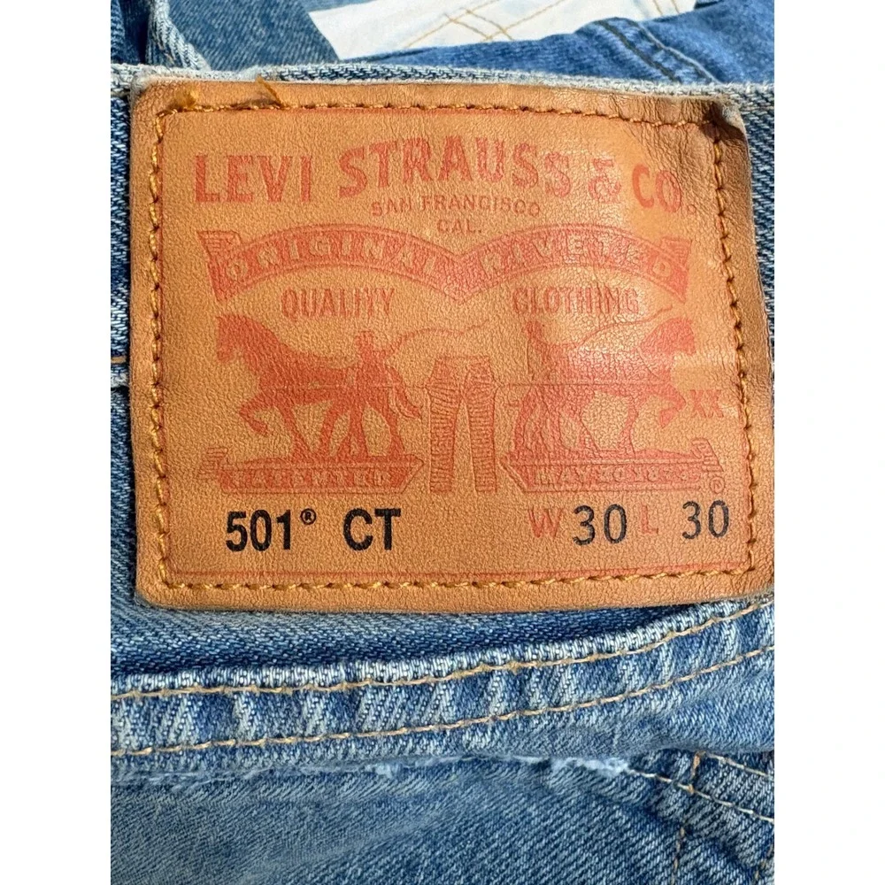 Levis 501 CT Custom Tapered Blue Distressed Jeans Button Fly Mens 30x30